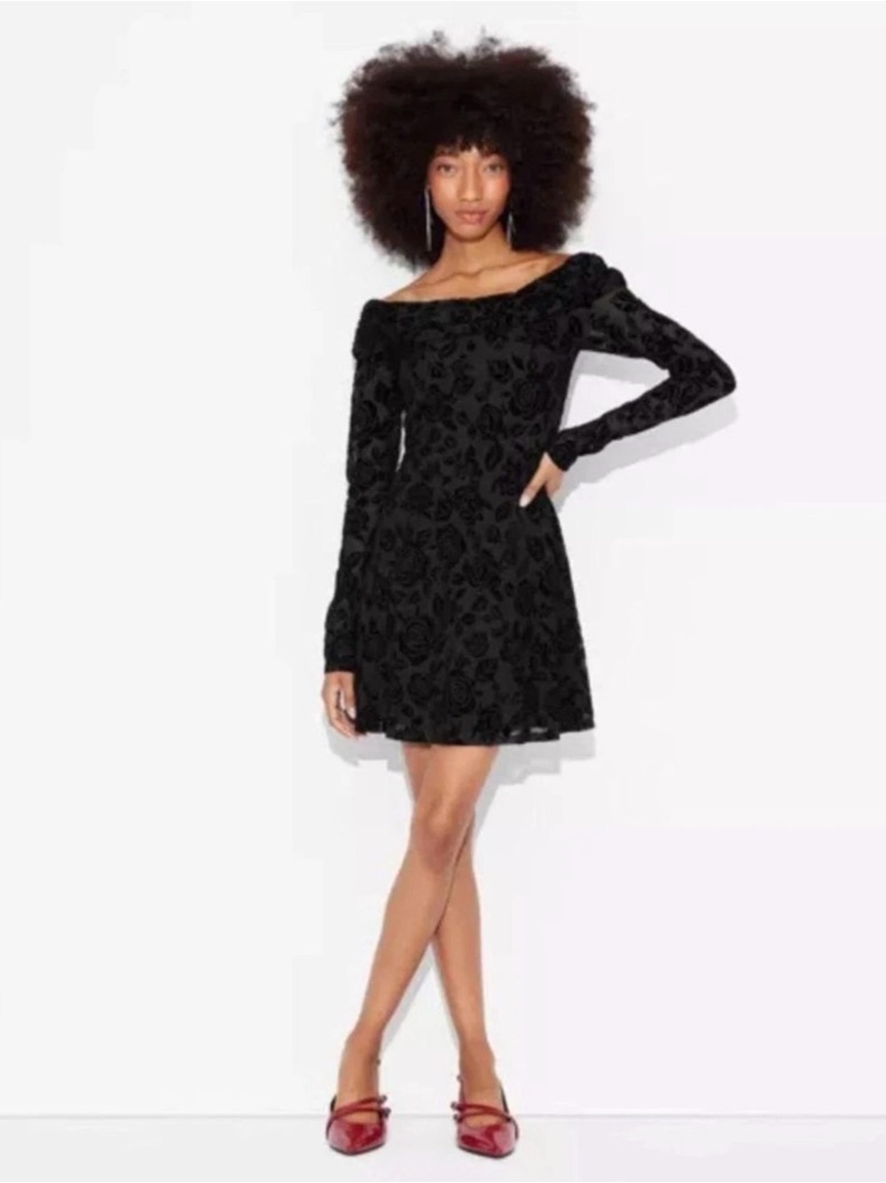 NWT Medium Wild Fable Off-Shoulder Black Floral Velvet Fit-and-Flare Dress